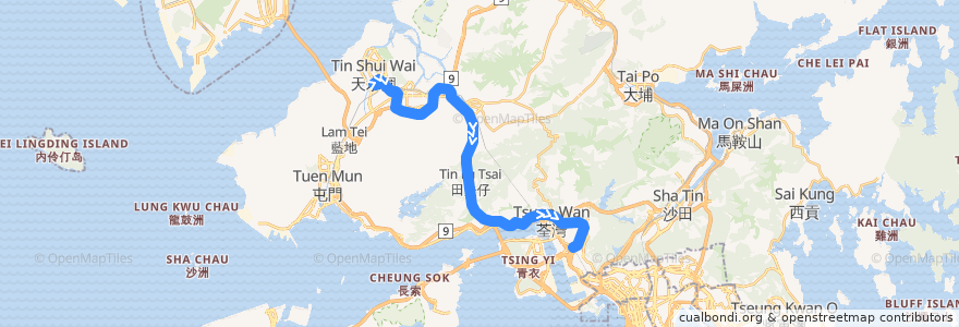 Mapa del recorrido 九巴69P線 KMB 69P (天耀 Tin Yiu → 葵芳站 Kwai Fong Station) de la línea  en 香港 Hong Kong.