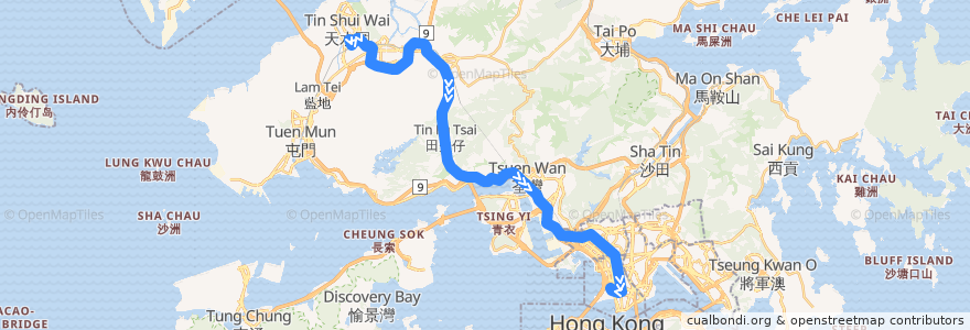Mapa del recorrido 九巴69X線 KMB 69X (天耀 Tin Yiu → 西九龍站 West Kowloon Station) de la línea  en 香港 Hong Kong.