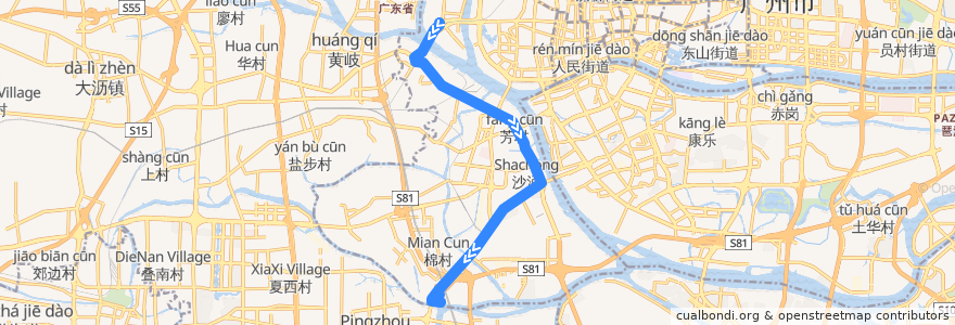 Mapa del recorrido 19路(桥中总站-岭南V谷总站) de la línea  en Ливань.
