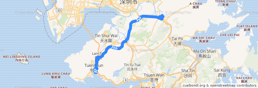 Mapa del recorrido 九巴261線 KMB 261 (三聖 Sam Shing → 天平邨 Tin Ping Estate) de la línea  en 香港 Hong Kong.