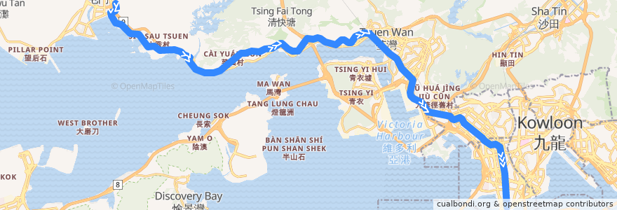 Mapa del recorrido 九巴252B線 KMB 252B (恆順園 Handsome Court → 尖沙咀 Tsim Sha Tsui) de la línea  en 香港 Hong Kong.