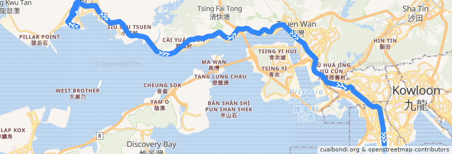 Mapa del recorrido 九巴259B線 KMB 259B (屯門碼頭 Tuen Mun Pier Head → 尖沙咀 Tsim Sha Tsui) de la línea  en 香港 Hong Kong.