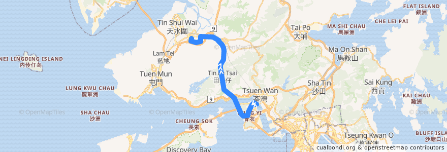 Mapa del recorrido 九巴68E線 KMB 68E (青衣站 Tsing Yi Station → 元朗公園 Yuen Long Park) de la línea  en 香港 Hong Kong.