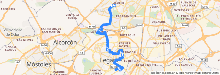 Mapa del recorrido 483 Madrid (Aluche) - Leganés (Vereda de los Estudiantes) de la línea  en Comunidad de Madrid.
