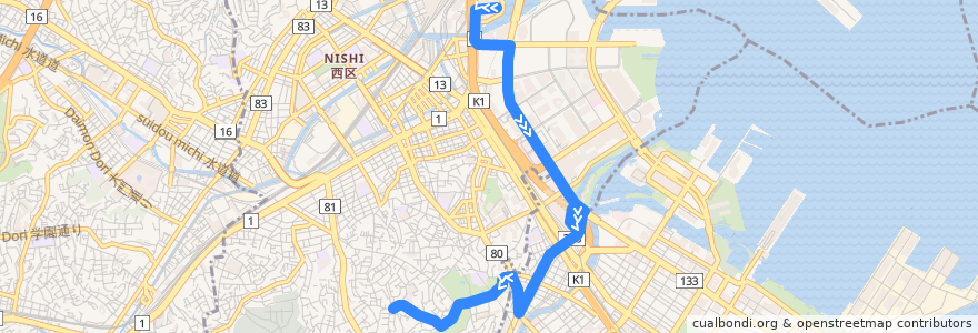 Mapa del recorrido 89ぶらり野毛山動物園BUS　横浜駅前 => 一本松小学校前 de la línea  en 西区.