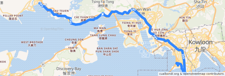 Mapa del recorrido 九巴261B線 KMB 261B (三聖 Sam Shing → 九龍站 Kowloon Station) de la línea  en 香港 Hong Kong.