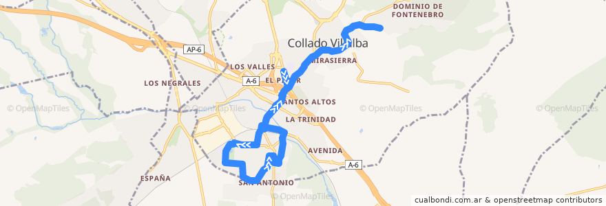 Mapa del recorrido Bus Lanzadera 2: Guardia Civil-FFCC-P. Coruña-FFCC-Mirador de la línea  en Comunidad de Madrid.