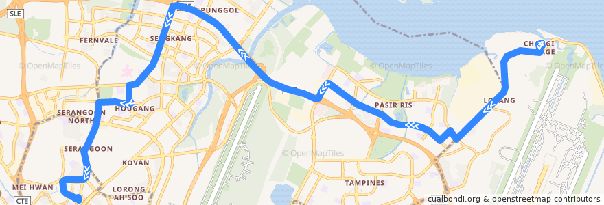 Mapa del recorrido Svc 109 (Changi Village Terminal => Serangoon Interchange) de la línea  en Сингапур.