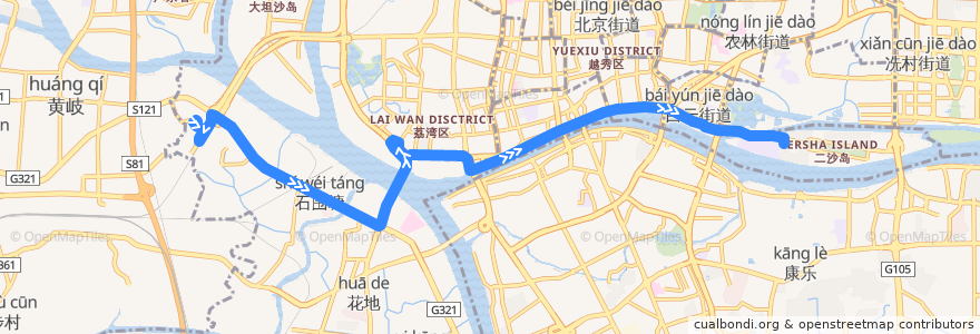 Mapa del recorrido 57路(滘口客运站总站-二沙岛西总站) de la línea  en 广州市.