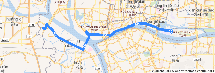 Mapa del recorrido 57路(二沙岛西总站-滘口客运站总站) de la línea  en 广州市.