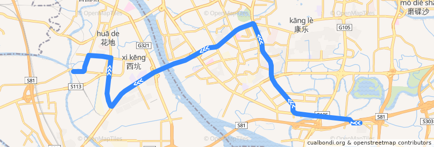 Mapa del recorrido 70路(沥滘总站-芳村花园总站) de la línea  en Guangzhou City.