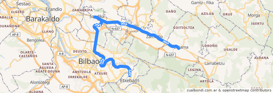 Mapa del recorrido E3 (Kukullaga → Lezama) de la línea  en Biscaye.