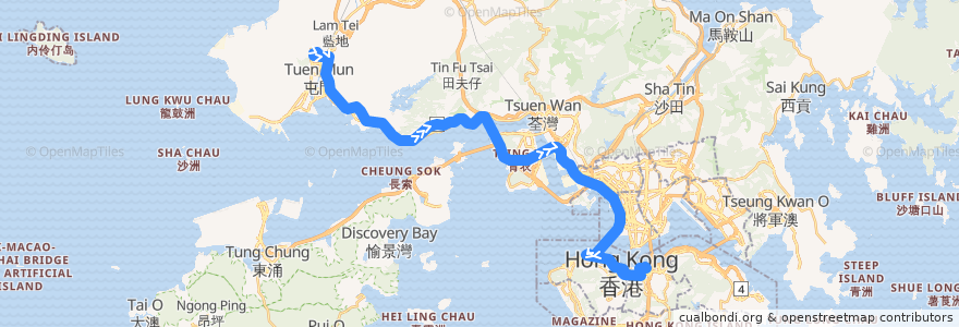 Mapa del recorrido 過海隧巴960線 Cross-harbour Bus 960 (建生 Kin Sang → 灣仔北 Wan Chai North (不經良景及大興 omit Leung King & Tai Hing)) de la línea  en 香港 Hong Kong.