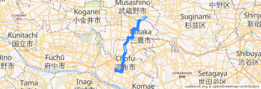 Mapa del recorrido Bus 吉14 吉祥寺->調布駅北口 de la línea  en 東京都.