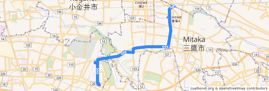 Mapa del recorrido Bus 鷹52 三鷹駅->榊原記念病院 de la línea  en Tokyo.