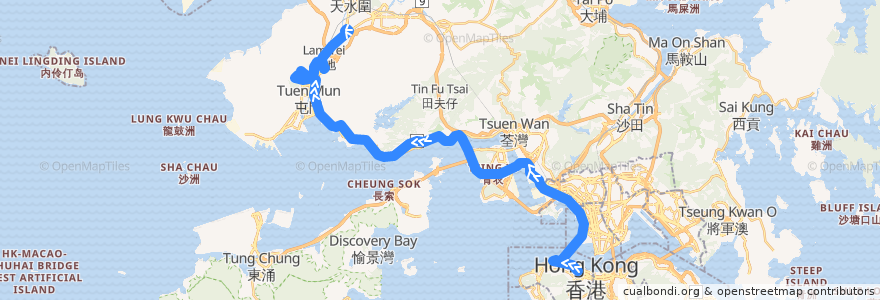 Mapa del recorrido 過海隧巴960A線 Cross-harbour Bus 960 (中環 Central → 洪水橋（洪福邨） Hung Shui Kiu (Hung Fuk Estate)) de la línea  en 香港 Hong Kong.
