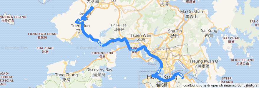 Mapa del recorrido 過海隧巴960B線 Cross-harbour Bus 960B (鰂魚涌 Quarry Bay → 洪水橋（洪福邨） Hung Shui Kiu (Hung Fuk Estate)) de la línea  en 香港 Hong Kong.