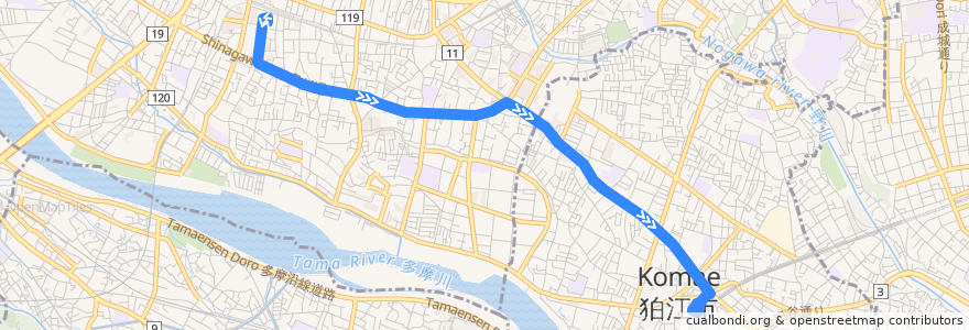 Mapa del recorrido 調布南口線 調布駅南口 <=> 狛江駅北口 de la línea  en 東京都.