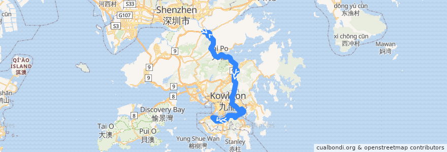 Mapa del recorrido 過海隧巴373線 Cross-harbour Bus 373 (上水 Sheung Shui → 中環碼頭 Central Piers) de la línea  en 香港 Hong Kong.