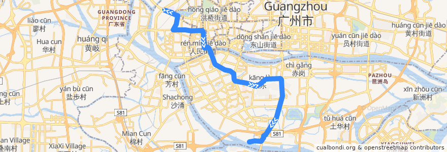 Mapa del recorrido 88路(西场总站-沥滘路西总站) de la línea  en Guangzhou.