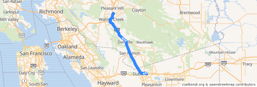 Mapa del recorrido Wheels 70X: East Dublin/Pleasanton BART => Walnut Creek BART => Pleasant Hill BART (evenings) de la línea  en Contra Costa County.