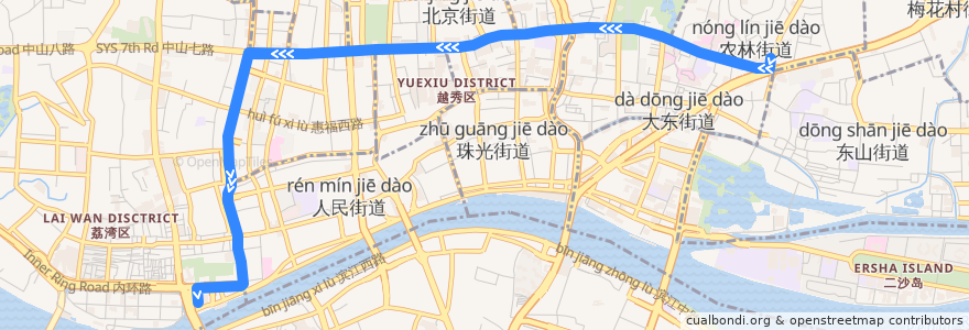 Mapa del recorrido 102路(东山总站-文化公园总站) de la línea  en یوشیو.