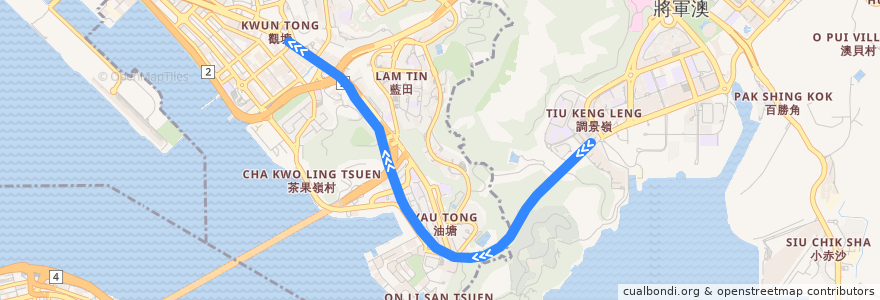 Mapa del recorrido 觀塘綫 Kwun Tong Line (調景嶺 Tiu Keng Leng → 觀塘 Kwun Tong) de la línea  en 香港 Hong Kong.