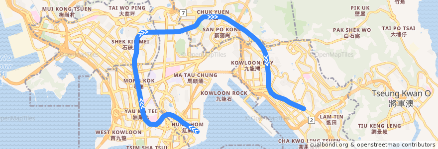 Mapa del recorrido 觀塘綫 Kwun Tong Line (黃埔 Whampoa → 觀塘 Kwun Tong) de la línea  en 九龍 Kowloon.