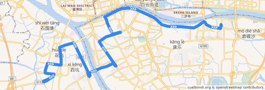 Mapa del recorrido 121A路(芳和花园总站-珠江帝景苑总站) de la línea  en 广州市.