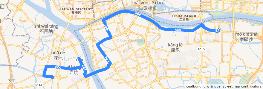 Mapa del recorrido 121A路(珠江帝景苑总站-芳和花园总站) de la línea  en 广州市.