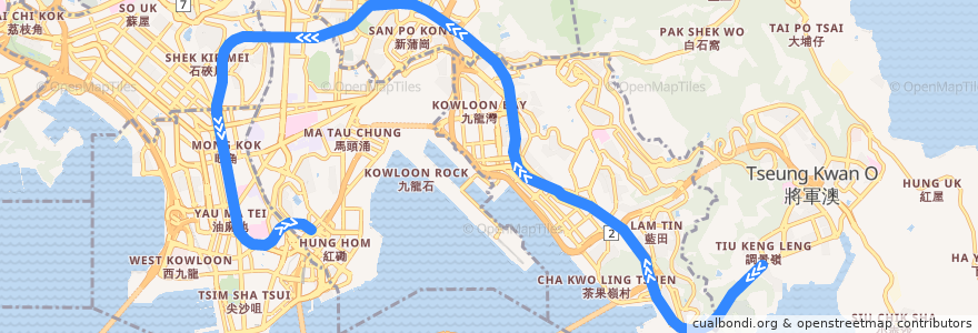 Mapa del recorrido 觀塘綫 Kwun Tong Line (調景嶺 Tiu Keng Leng → 何文田 Ho Man Tin) de la línea  en 九龍 Kowloon.