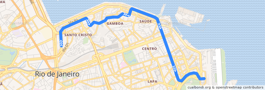 Mapa del recorrido VLT Carioca 1: Praia Formosa → Santos Dumont de la línea  en 里约热内卢.