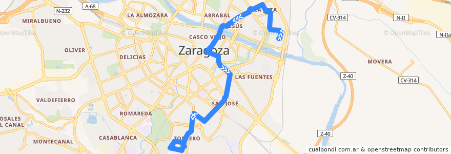 Mapa del recorrido Bus 39: Vadorrey => Pinares de Venecia de la línea  en Zaragoza.