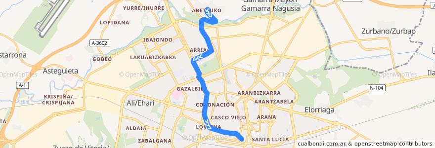 Mapa del recorrido T2 (Abetxuko → Angulema) de la línea  en Vitoria-Gasteiz.