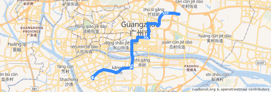 Mapa del recorrido 197路(昌岗路总站-汇景北路总站) de la línea  en Canton.
