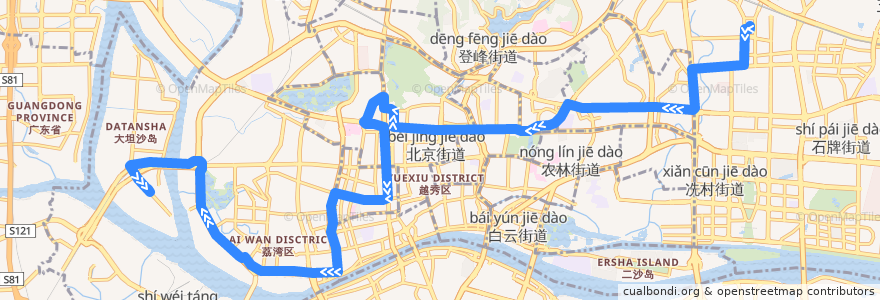 Mapa del recorrido 209路[广州火车东站总站-坦尾(柏悦湾)总站] de la línea  en 广州市.