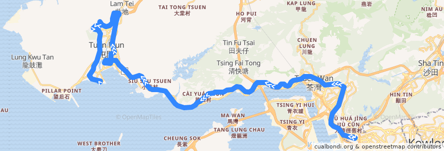 Mapa del recorrido 九巴N260線 KMB N260 (美孚 Mei Foo → 屯門碼頭 Tuen Mun Pier Head) de la línea  en 香港 Hong Kong.