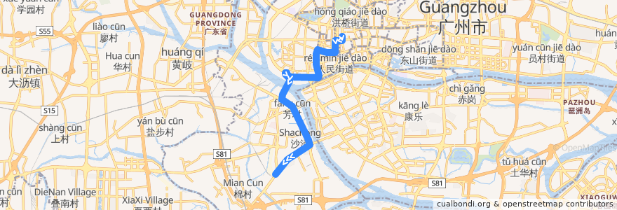 Mapa del recorrido 217路(广卫路总站-芳村西塱总站) de la línea  en 광저우시.