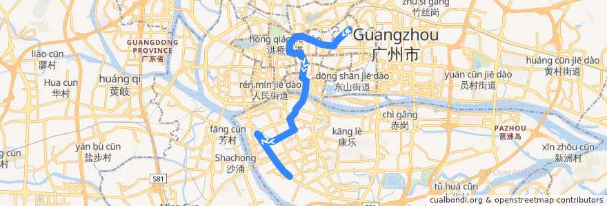 Mapa del recorrido 220路(动物园总站-南箕路总站) de la línea  en Guangzhou.