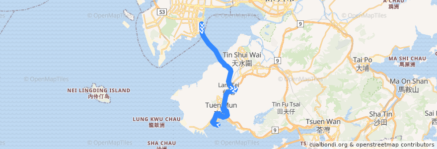 Mapa del recorrido 城巴B3線 Citybus B3 (深圳灣口岸 Shenzhen Bay Port → 屯門碼頭 Tuen Mun Ferry Pier (加停紅橋 stopping at Hung Kiu)) de la línea  en هنگ‌کنگ.