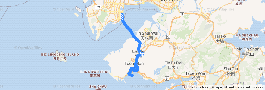 Mapa del recorrido 城巴B3線 Citybus B3 (深圳灣口岸 Shenzhen Bay Port → 屯門碼頭 Tuen Mun Ferry Pier) de la línea  en 香港 Hong Kong.