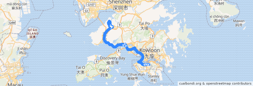 Mapa del recorrido 過海隧巴N969線 Cross-harbour Bus N969 (銅鑼灣（摩頓台） Causeway Bay (Moreton Terrace) → 天水圍市中心 Tin Shui Wai Town Centre) de la línea  en هنگ‌کنگ.