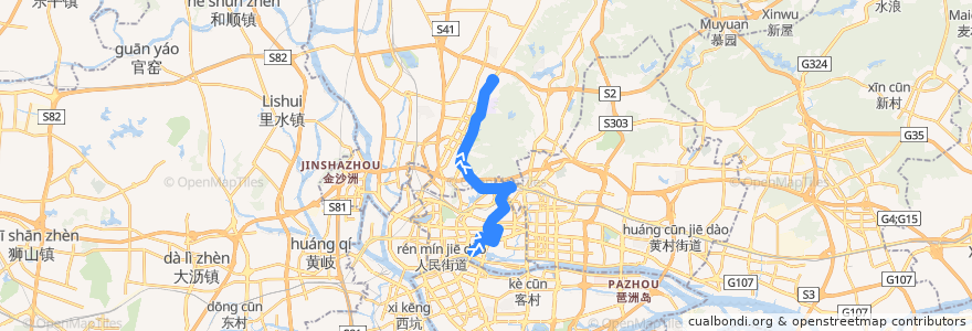 Mapa del recorrido 223路(白云路总站-白云花园总站) de la línea  en 광저우시.