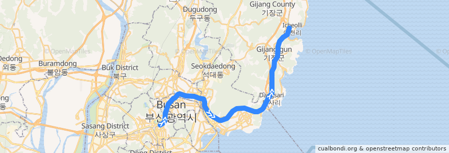 Mapa del recorrido 동해선 광역전철: 부전 → 일광 de la línea  en Coreia do Sul.