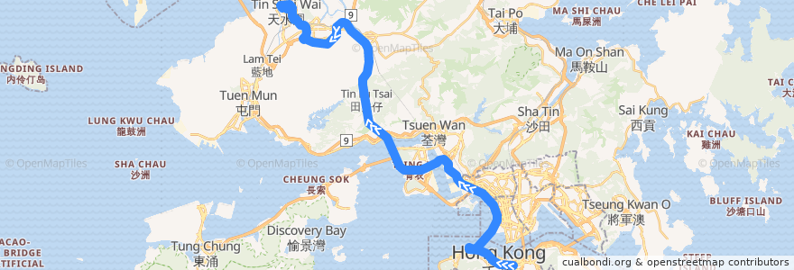Mapa del recorrido 過海隧巴969A線 Cross-harbour Bus 969A (灣仔 Wan Chai → 天水圍市中心 Tin Shui Wai Town Centre) de la línea  en 香港 Hong Kong.