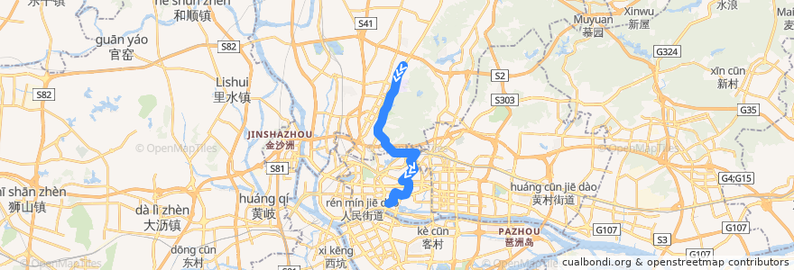 Mapa del recorrido 223路(白云花园总站-白云路总站) de la línea  en 광저우시.