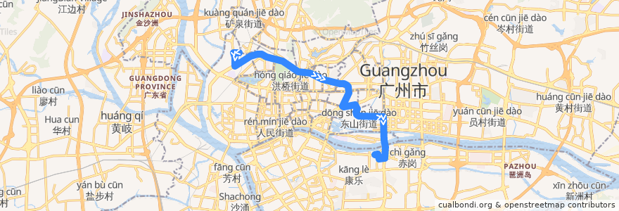 Mapa del recorrido 225路(机务段总站-滨江东路总站) de la línea  en 광저우시.