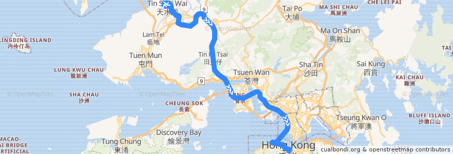 Mapa del recorrido 過海隧巴969A線 Cross-harbour Bus 969A (天水圍市中心 Tin Shui Wai Town Centre → 金鐘 Admiralty) de la línea  en 九龍 Kowloon.
