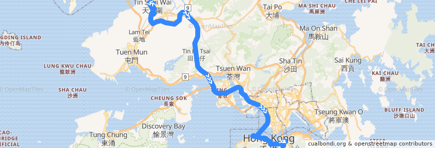 Mapa del recorrido 過海隧巴969X線 Cross-harbour Bus 969X (天水圍市中心 Tin Shui Wai Town Centre → 銅鑼灣 Causeway Bay) de la línea  en 香港 Hong Kong.