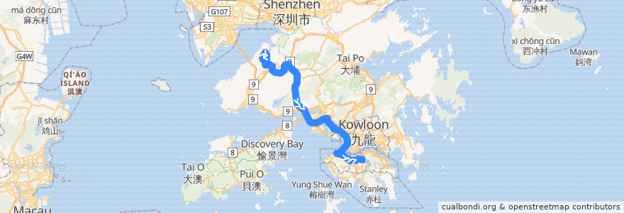 Mapa del recorrido 過海隧巴N969線 Cross-harbour Bus N969 (天水圍市中心 Tin Shui Wai Town Centre → 銅鑼灣 Causeway Bay) de la línea  en 香港 Hong Kong.